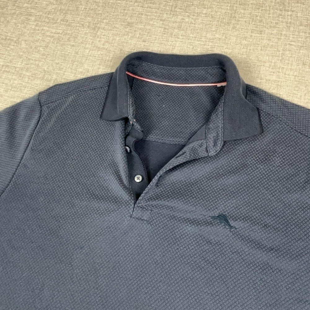 Tommy Bahama Polo Shirt Mens L Blue Tencel Coolmax Geometric Knit Short Sleeve
